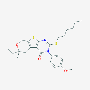 molecular formula C25H32N2O3S2 B430456 6-ethyl-2-(hexylsulfanyl)-3-(4-methoxyphenyl)-6-methyl-3,5,6,8-tetrahydro-4H-pyrano[4',3':4,5]thieno[2,3-d]pyrimidin-4-one 