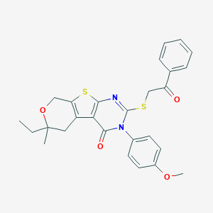 molecular formula C27H26N2O4S2 B430458 6-ethyl-3-(4-methoxyphenyl)-6-methyl-2-[(2-oxo-2-phenylethyl)sulfanyl]-3,5,6,8-tetrahydro-4H-pyrano[4',3':4,5]thieno[2,3-d]pyrimidin-4-one 
