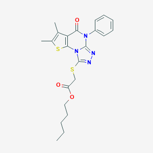 molecular formula C22H24N4O3S2 B430462 Pentyl [(2,3-dimethyl-4-oxo-5-phenyl-4,5-dihydrothieno[3,2-e][1,2,4]triazolo[4,3-a]pyrimidin-8-yl)sulfanyl]acetate 
