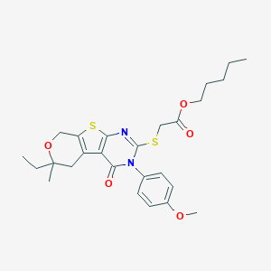 pentyl {[6-ethyl-3-(4-methoxyphenyl)-6-methyl-4-oxo-3,5,6,8-tetrahydro-4H-pyrano[4',3':4,5]thieno[2,3-d]pyrimidin-2-yl]sulfanyl}acetate