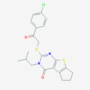 molecular formula C21H21ClN2O2S2 B430464 2-{[2-(4-chlorophenyl)-2-oxoethyl]sulfanyl}-3-isobutyl-3,5,6,7-tetrahydro-4H-cyclopenta[4,5]thieno[2,3-d]pyrimidin-4-one 