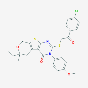 molecular formula C27H25ClN2O4S2 B430465 2-{[2-(4-chlorophenyl)-2-oxoethyl]sulfanyl}-6-ethyl-3-(4-methoxyphenyl)-6-methyl-3,5,6,8-tetrahydro-4H-pyrano[4',3':4,5]thieno[2,3-d]pyrimidin-4-one 