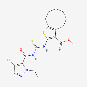 molecular formula C19H23ClN4O3S2 B4304695 methyl 2-[({[(4-chloro-1-ethyl-1H-pyrazol-5-yl)carbonyl]amino}carbonothioyl)amino]-4,5,6,7,8,9-hexahydrocycloocta[b]thiophene-3-carboxylate 