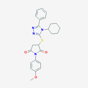 molecular formula C25H26N4O3S B430496 3-[(4-cyclohexyl-5-phenyl-4H-1,2,4-triazol-3-yl)sulfanyl]-1-(4-methoxyphenyl)-2,5-pyrrolidinedione 