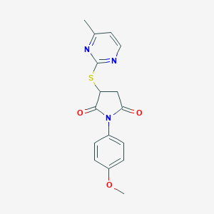 molecular formula C16H15N3O3S B430498 1-(4-Methoxyphenyl)-3-[(4-methyl-2-pyrimidinyl)sulfanyl]-2,5-pyrrolidinedione CAS No. 352659-51-9