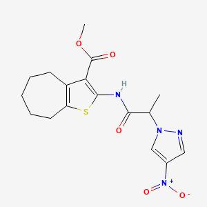 molecular formula C17H20N4O5S B4305108 methyl 2-{[2-(4-nitro-1H-pyrazol-1-yl)propanoyl]amino}-5,6,7,8-tetrahydro-4H-cyclohepta[b]thiophene-3-carboxylate 