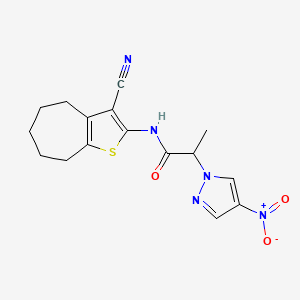 molecular formula C16H17N5O3S B4305113 N-(3-cyano-5,6,7,8-tetrahydro-4H-cyclohepta[b]thien-2-yl)-2-(4-nitro-1H-pyrazol-1-yl)propanamide 