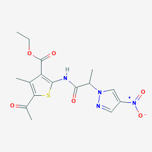 molecular formula C16H18N4O6S B4305127 ethyl 5-acetyl-4-methyl-2-{[2-(4-nitro-1H-pyrazol-1-yl)propanoyl]amino}thiophene-3-carboxylate 