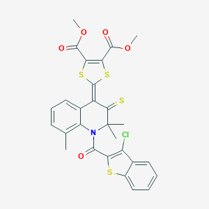 molecular formula C28H22ClNO5S4 B430524 dimethyl 2-(1-[(3-chloro-1-benzothien-2-yl)carbonyl]-2,2,8-trimethyl-3-thioxo-2,3-dihydro-4(1H)-quinolinylidene)-1,3-dithiole-4,5-dicarboxylate 
