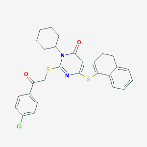 molecular formula C28H25ClN2O2S2 B430526 9-{[2-(4-chlorophenyl)-2-oxoethyl]sulfanyl}-8-cyclohexyl-5,8-dihydronaphtho[2',1':4,5]thieno[2,3-d]pyrimidin-7(6H)-one 