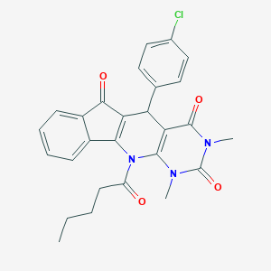 molecular formula C27H24ClN3O4 B430537 5-(4-chlorophenyl)-1,3-dimethyl-11-pentanoyl-5,11-dihydro-1H-indeno[2',1':5,6]pyrido[2,3-d]pyrimidine-2,4,6(3H)-trione CAS No. 373614-47-2