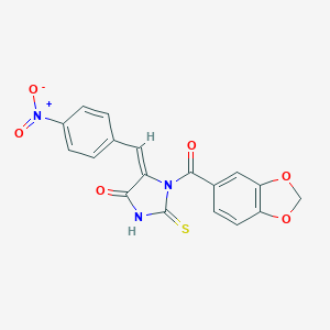molecular formula C18H11N3O6S B430544 1-(1,3-Benzodioxol-5-ylcarbonyl)-5-{4-nitrobenzylidene}-2-thioxo-4-imidazolidinone 