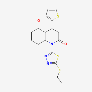 molecular formula C17H17N3O2S3 B4305685 1-[5-(ethylthio)-1,3,4-thiadiazol-2-yl]-4-(2-thienyl)-4,6,7,8-tetrahydroquinoline-2,5(1H,3H)-dione 
