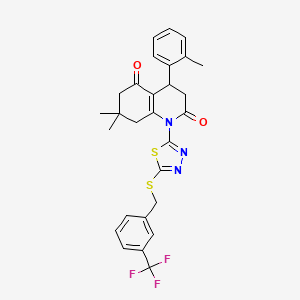 molecular formula C28H26F3N3O2S2 B4305697 7,7-dimethyl-4-(2-methylphenyl)-1-(5-{[3-(trifluoromethyl)benzyl]thio}-1,3,4-thiadiazol-2-yl)-4,6,7,8-tetrahydroquinoline-2,5(1H,3H)-dione 