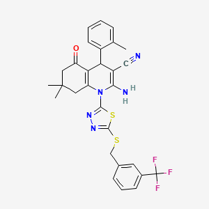 2-amino-7,7-dimethyl-4-(2-methylphenyl)-5-oxo-1-(5-{[3-(trifluoromethyl)benzyl]thio}-1,3,4-thiadiazol-2-yl)-1,4,5,6,7,8-hexahydroquinoline-3-carbonitrile