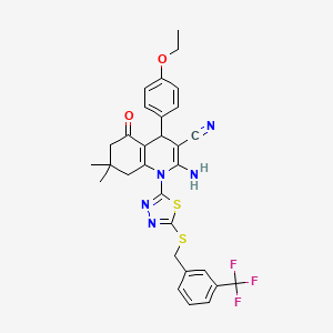 molecular formula C30H28F3N5O2S2 B4305759 2-amino-4-(4-ethoxyphenyl)-7,7-dimethyl-5-oxo-1-(5-{[3-(trifluoromethyl)benzyl]thio}-1,3,4-thiadiazol-2-yl)-1,4,5,6,7,8-hexahydroquinoline-3-carbonitrile 