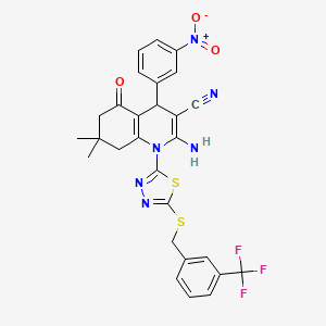 molecular formula C28H23F3N6O3S2 B4305772 2-amino-7,7-dimethyl-4-(3-nitrophenyl)-5-oxo-1-(5-{[3-(trifluoromethyl)benzyl]thio}-1,3,4-thiadiazol-2-yl)-1,4,5,6,7,8-hexahydroquinoline-3-carbonitrile 