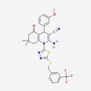 2-amino-4-(3-methoxyphenyl)-7,7-dimethyl-5-oxo-1-(5-{[3-(trifluoromethyl)benzyl]thio}-1,3,4-thiadiazol-2-yl)-1,4,5,6,7,8-hexahydroquinoline-3-carbonitrile