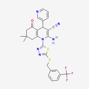 molecular formula C27H23F3N6OS2 B4305808 2-amino-7,7-dimethyl-5-oxo-4-pyridin-3-yl-1-(5-{[3-(trifluoromethyl)benzyl]thio}-1,3,4-thiadiazol-2-yl)-1,4,5,6,7,8-hexahydroquinoline-3-carbonitrile 