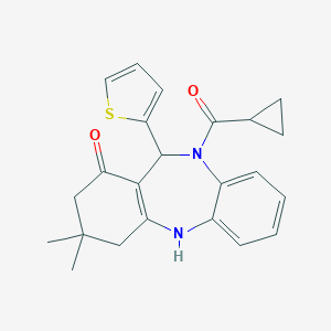 molecular formula C23H24N2O2S B430584 5-(Cyclopropanecarbonyl)-9,9-dimethyl-6-thiophen-2-yl-6,8,10,11-tetrahydrobenzo[b][1,4]benzodiazepin-7-one CAS No. 351164-66-4
