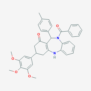 molecular formula C36H34N2O5 B430585 10-benzoyl-11-(4-methylphenyl)-3-(3,4,5-trimethoxyphenyl)-2,3,4,5,10,11-hexahydro-1H-dibenzo[b,e][1,4]diazepin-1-one 