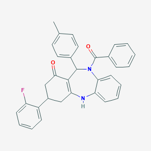 molecular formula C33H27FN2O2 B430589 5-benzoyl-9-(2-fluorophenyl)-6-(4-methylphenyl)-8,9,10,11-tetrahydro-6H-benzo[b][1,4]benzodiazepin-7-one CAS No. 351164-45-9
