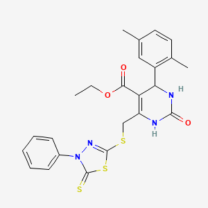 molecular formula C24H24N4O3S3 B4306129 ethyl 4-(2,5-dimethylphenyl)-2-oxo-6-{[(4-phenyl-5-thioxo-4,5-dihydro-1,3,4-thiadiazol-2-yl)thio]methyl}-1,2,3,4-tetrahydropyrimidine-5-carboxylate 