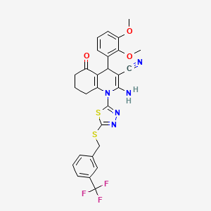 molecular formula C28H24F3N5O3S2 B4306207 2-amino-4-(2,3-dimethoxyphenyl)-5-oxo-1-(5-{[3-(trifluoromethyl)benzyl]thio}-1,3,4-thiadiazol-2-yl)-1,4,5,6,7,8-hexahydroquinoline-3-carbonitrile 