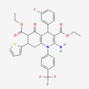 molecular formula C32H28F4N2O5S B4306304 diethyl 2-amino-4-(3-fluorophenyl)-5-oxo-7-(2-thienyl)-1-[4-(trifluoromethyl)phenyl]-1,4,5,6,7,8-hexahydroquinoline-3,6-dicarboxylate 