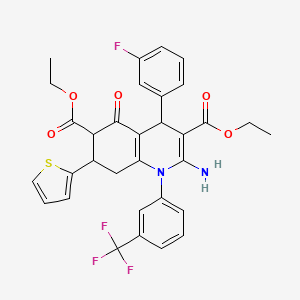 molecular formula C32H28F4N2O5S B4306312 diethyl 2-amino-4-(3-fluorophenyl)-5-oxo-7-(2-thienyl)-1-[3-(trifluoromethyl)phenyl]-1,4,5,6,7,8-hexahydroquinoline-3,6-dicarboxylate 