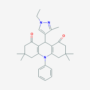 molecular formula C29H35N3O2 B430647 9-(1-ethyl-3-methylpyrazol-4-yl)-3,3,6,6-tetramethyl-10-phenyl-4,5,7,9-tetrahydro-2H-acridine-1,8-dione CAS No. 404922-73-2