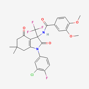 molecular formula C26H23ClF4N2O5 B4306478 N-[1-(3-chloro-4-fluorophenyl)-6,6-dimethyl-2,4-dioxo-3-(trifluoromethyl)-2,3,4,5,6,7-hexahydro-1H-indol-3-yl]-3,4-dimethoxybenzamide 