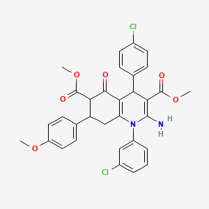 molecular formula C32H28Cl2N2O6 B4306631 dimethyl 2-amino-1-(3-chlorophenyl)-4-(4-chlorophenyl)-7-(4-methoxyphenyl)-5-oxo-1,4,5,6,7,8-hexahydroquinoline-3,6-dicarboxylate 