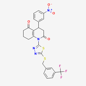 molecular formula C25H19F3N4O4S2 B4306646 4-(3-nitrophenyl)-1-(5-{[3-(trifluoromethyl)benzyl]thio}-1,3,4-thiadiazol-2-yl)-4,6,7,8-tetrahydroquinoline-2,5(1H,3H)-dione 