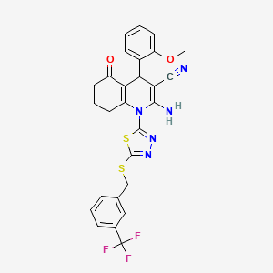 molecular formula C27H22F3N5O2S2 B4306657 2-amino-4-(2-methoxyphenyl)-5-oxo-1-(5-{[3-(trifluoromethyl)benzyl]thio}-1,3,4-thiadiazol-2-yl)-1,4,5,6,7,8-hexahydroquinoline-3-carbonitrile 