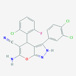 molecular formula C19H10Cl3FN4O B430667 6-Amino-4-(2-chloro-6-fluorophenyl)-3-(3,4-dichlorophenyl)-1,4-dihydropyrano[2,3-c]pyrazole-5-carbonitrile 