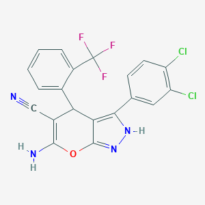 molecular formula C20H11Cl2F3N4O B430677 6-Amino-3-(3,4-dichlorophenyl)-4-[2-(trifluoromethyl)phenyl]-1,4-dihydropyrano[2,3-c]pyrazole-5-carbonitrile 