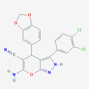 molecular formula C20H12Cl2N4O3 B430678 6-Amino-4-(1,3-benzodioxol-5-yl)-3-(3,4-dichlorophenyl)-1,4-dihydropyrano[2,3-c]pyrazole-5-carbonitrile 
