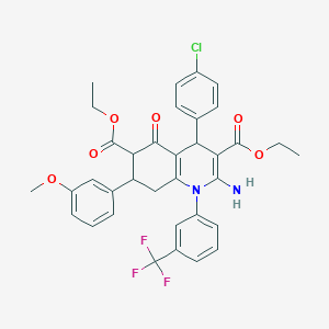 diethyl 2-amino-4-(4-chlorophenyl)-7-(3-methoxyphenyl)-5-oxo-1-[3-(trifluoromethyl)phenyl]-1,4,5,6,7,8-hexahydroquinoline-3,6-dicarboxylate