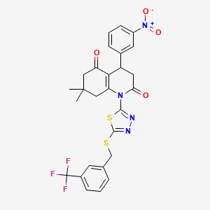 molecular formula C27H23F3N4O4S2 B4306874 7,7-dimethyl-4-(3-nitrophenyl)-1-(5-{[3-(trifluoromethyl)benzyl]thio}-1,3,4-thiadiazol-2-yl)-4,6,7,8-tetrahydroquinoline-2,5(1H,3H)-dione 