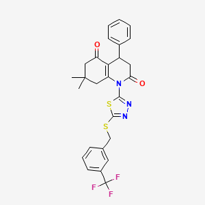 molecular formula C27H24F3N3O2S2 B4306877 7,7-dimethyl-4-phenyl-1-(5-{[3-(trifluoromethyl)benzyl]thio}-1,3,4-thiadiazol-2-yl)-4,6,7,8-tetrahydroquinoline-2,5(1H,3H)-dione 