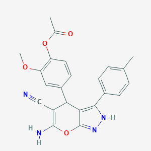 molecular formula C23H20N4O4 B430689 4-[6-Amino-5-cyano-3-(4-methylphenyl)-1,4-dihydropyrano[2,3-c]pyrazol-4-yl]-2-methoxyphenyl acetate 