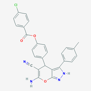 molecular formula C27H19ClN4O3 B430691 4-[6-Amino-5-cyano-3-(4-methylphenyl)-1,4-dihydropyrano[2,3-c]pyrazol-4-yl]phenyl 4-chlorobenzoate 