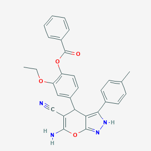 molecular formula C29H24N4O4 B430694 4-[6-Amino-5-cyano-3-(4-methylphenyl)-1,4-dihydropyrano[2,3-c]pyrazol-4-yl]-2-ethoxyphenyl benzoate 