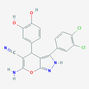 molecular formula C19H12Cl2N4O3 B430695 6-Amino-3-(3,4-dichlorophenyl)-4-(3,4-dihydroxyphenyl)-1,4-dihydropyrano[2,3-c]pyrazole-5-carbonitrile 