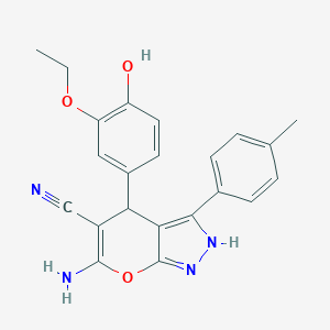 molecular formula C22H20N4O3 B430697 6-Amino-4-(3-ethoxy-4-hydroxyphenyl)-3-(4-methylphenyl)-1,4-dihydropyrano[2,3-c]pyrazole-5-carbonitrile 