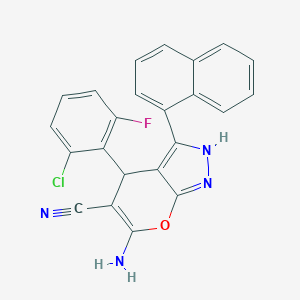 molecular formula C23H14ClFN4O B430699 6-Amino-4-(2-chloro-6-fluorophenyl)-3-(1-naphthyl)-1,4-dihydropyrano[2,3-c]pyrazole-5-carbonitrile 