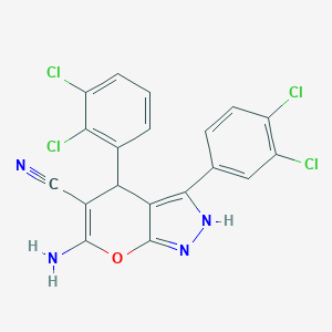 molecular formula C19H10Cl4N4O B430702 6-Amino-4-(2,3-dichlorophenyl)-3-(3,4-dichlorophenyl)-1,4-dihydropyrano[2,3-c]pyrazole-5-carbonitrile 