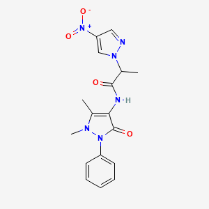 molecular formula C17H18N6O4 B4307039 N-(1,5-dimethyl-3-oxo-2-phenyl-2,3-dihydro-1H-pyrazol-4-yl)-2-(4-nitro-1H-pyrazol-1-yl)propanamide 
