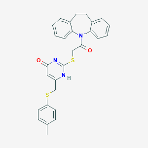 molecular formula C28H25N3O2S2 B430713 2-[2-(5,6-dihydrobenzo[b][1]benzazepin-11-yl)-2-oxoethyl]sulfanyl-6-[(4-methylphenyl)sulfanylmethyl]-1H-pyrimidin-4-one 